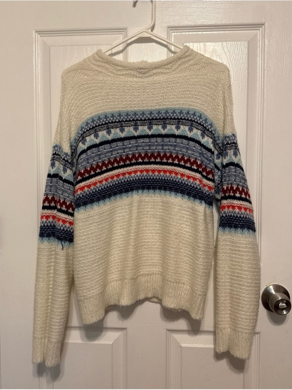 Cream Fair Isle Knit Sweater with Blue & Red Pattern